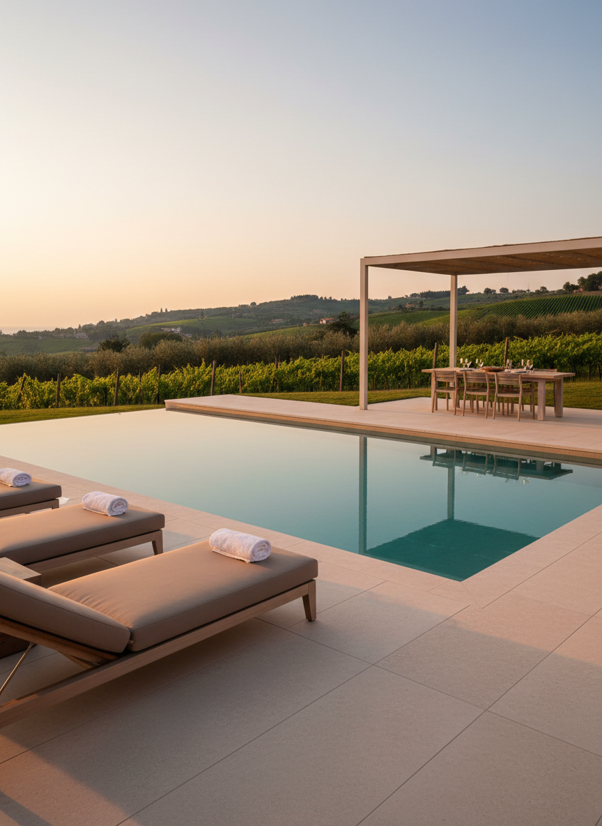 A spacious, sophisticated outdoor living area of a vacation villa, featuring a smooth beige stone terrace surrounding a rectangular infinity-edge pool with glassy still water. On one side, large, plush taupe sun loungers with rolled white towels face the pool, while on the opposite side, a covered pergola with pale wooden beams shelters an outdoor dining table set simply without plates, to avoid any human presence. Soft, warm evening light spreads across the scene, subtle LED strip lights beginning to glow along the pool edge. Captured from a slightly elevated angle, with photographic realism, the composition uses leading lines of the terrace to draw the eye toward distant vineyards and the tranquil Lazise landscape.