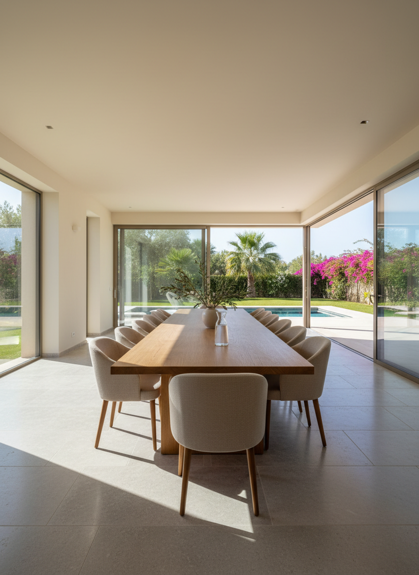 A refined interior view of a villa’s open-plan living and dining area designed for large groups, with a long solid oak dining table extending through the center of the frame. The table is bare except for a simple glass carafe of water and a small vase of olive branches, conveying understated elegance without suggesting current use. Around it, upholstered neutral-toned chairs complement creamy walls and large-format stone flooring. Floor-to-ceiling glass doors open directly onto a glimpse of the pool and garden outside. Soft midday natural light floods the space, creating gentle shadows and highlighting textures. Shot at eye level with a wide lens and sharp focus, the mood is calm, airy, and sophisticated, emphasizing space, comfort, and conviviality.