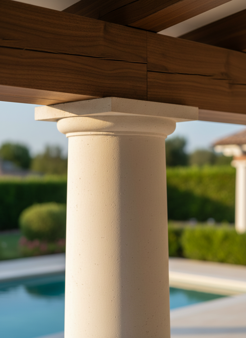A detailed close-up of the villa’s architectural craftsmanship, focusing on a corner where a smooth stone column meets a rustic wooden beam supporting a covered terrace. The stone has a soft, creamy hue with faint natural veining, while the wood beam shows a rich walnut tone and delicate grain, finished to a satin sheen. In the blurred background, hints of the pool’s blue surface and neatly clipped greenery suggest the surrounding luxury. Late afternoon side lighting creates subtle highlights along the column’s edge and gentle shadows in the wood grain. Framed tightly with a shallow depth of field and photographic realism, the image communicates quality materials, timeless design, and the sophisticated character of Villa Belcamin.