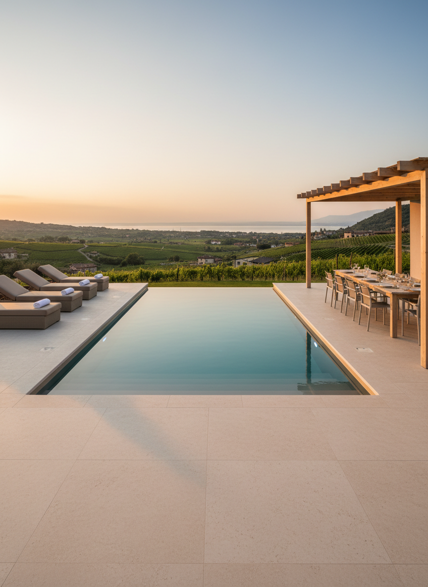 A spacious, sophisticated outdoor living area of a vacation villa, featuring a smooth beige stone terrace surrounding a rectangular infinity-edge pool with glassy still water. On one side, large, plush taupe sun loungers with rolled white towels face the pool, while on the opposite side, a covered pergola with pale wooden beams shelters an outdoor dining table set simply without plates, to avoid any human presence. Soft, warm evening light spreads across the scene, subtle LED strip lights beginning to glow along the pool edge. Captured from a slightly elevated angle, with photographic realism, the composition uses leading lines of the terrace to draw the eye toward distant vineyards and the tranquil Lazise landscape.