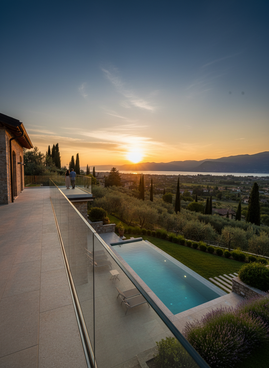 A refined sunset view from the villa’s upper terrace, looking out over Lazise’s rolling hills and distant hints of Lake Garda. In the foreground, a sleek glass balustrade runs along the edge, its minimalist metal fittings gleaming faintly. Below, the illuminated pool casts a soft turquoise glow onto the surrounding stone terrace and landscaped garden. The sky transitions from warm amber near the horizon to a deepening blue above, with the last light glancing off the villa’s stone facade. Shot from a low angle along the balustrade using rule-of-thirds composition and photographic realism, the mood is contemplative and romantic, highlighting the villa’s privileged position and sophisticated evening ambiance.