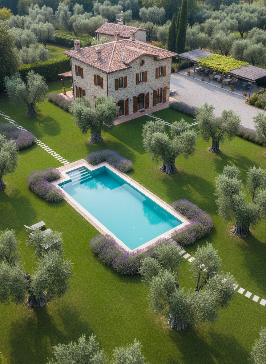 A bird’s-eye view of the entire Villa Belcamin property in Lazise, showing a harmonious layout ideal for families and groups. The central stone villa with terracotta-tiled roof sits beside a generous rectangular pool, surrounded by manicured lawns, mature olive trees, and low lavender hedges forming soft purple borders. A shaded parking area and discreet garden paths connect the different outdoor zones. The soft, clear afternoon light from a slightly hazy sky ensures even, photographic illumination with gentle, natural colors. The composition emphasizes the property’s privacy and generous outdoor spaces, giving a clear, informative overview suitable for a website hero image while maintaining a refined, exclusive atmosphere.