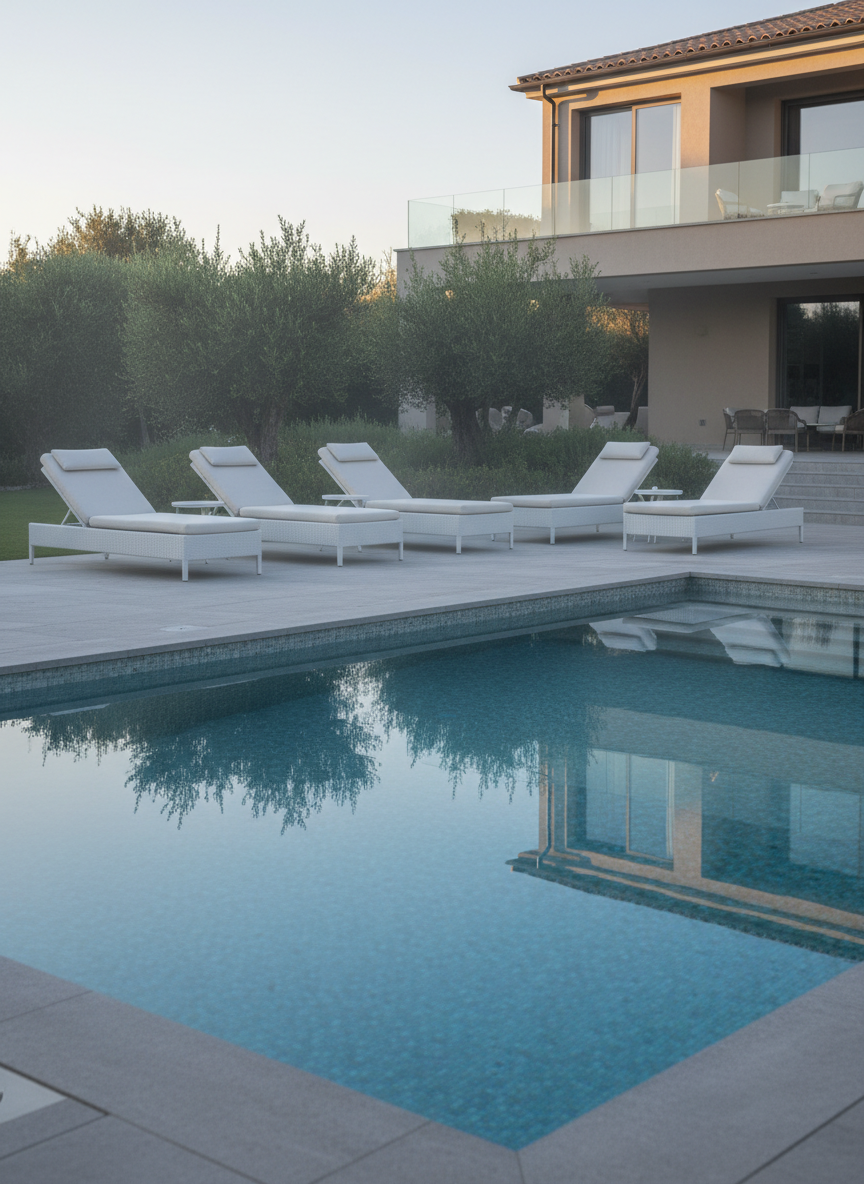A tranquil early-morning scene of the villa’s poolside area, the water perfectly still and a thin veil of mist lingering over the surrounding garden. The pool’s pale mosaic tiles shimmer beneath the surface, and minimalist stone coping frames the water cleanly. Sun loungers are neatly aligned, cushions pristine, with no personal items present. In the background, the villa’s facade with its large windows and soft earth-toned walls catches the first touch of warm sunlight, while most of the terrace remains in cool shade. Captured from a low angle at one pool corner, with shallow depth of field subtly softening the villa in the distance, the photographic realism and muted color palette convey serenity, privacy, and sophisticated relaxation.